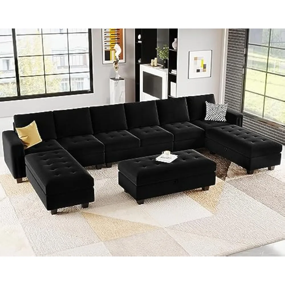 

Velvet U Shaped Modular Sectional Sofa Set with Storage Ottoman, 8 Seater, Black,Sectional, Sofa, Sofa Set