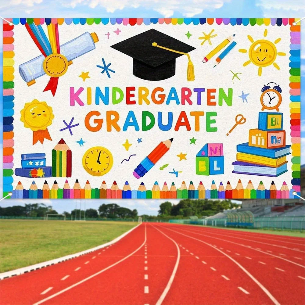 Pancarta para la Ceremonia de Graduación de Jardín de Niños - Con Diseño de Birrete y Diploma, Decoraciones Temáticas Escolares Coloridas