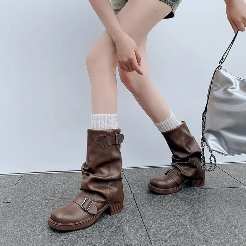 Luxury Women's Boots Slip on Female Mid-calf Boots Retro Biker Boots Fashion Block Heels Women Shoes Pu Leather Zapatos De Mujer