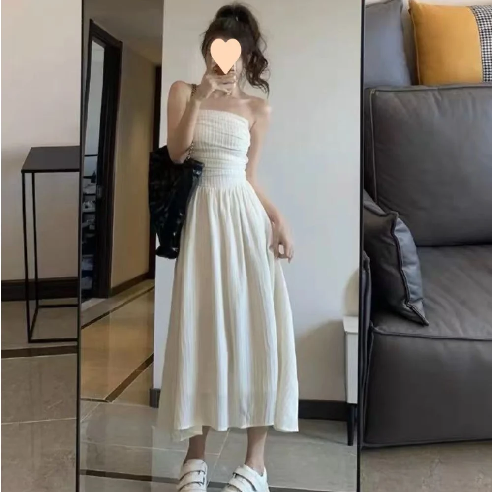 Elegant Sleeveless Maxi Dress High Waist Strapless Women Dress French Style Black White Long Dress