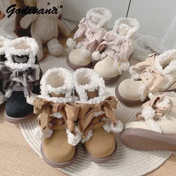 New Winter Girls Cute Plush Cotton Shoes Flat Bottom Female Round Head Bow Snow Boots Lo Shoes Warm Fleece Ankle Boots