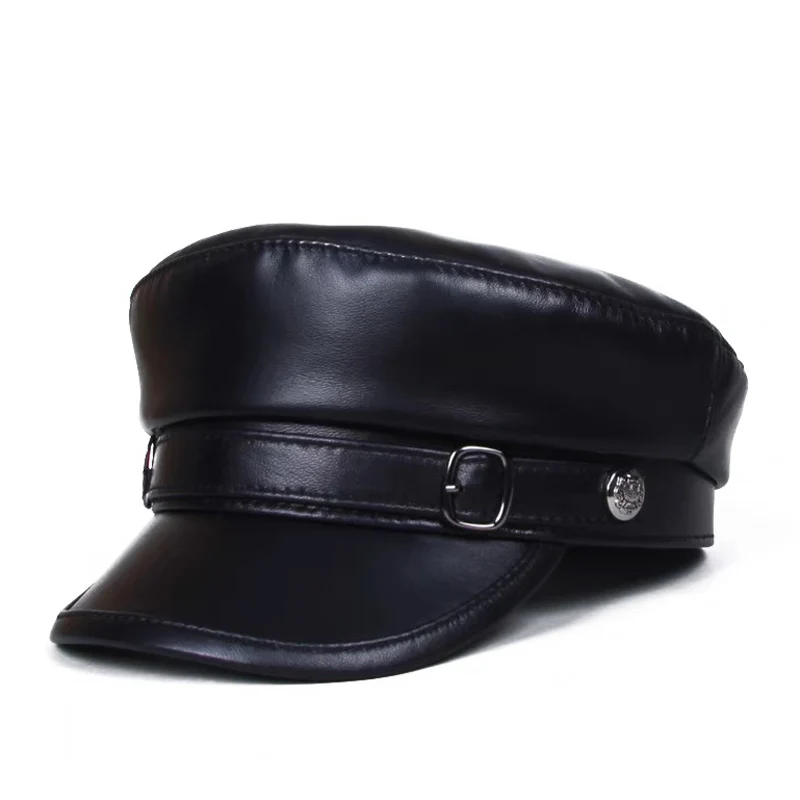 

Fashion Spring/ Winter Genuine Leather Flat Hats For Men Women Unisex Suede Black Navy Caps Students Locomotive Army Hat