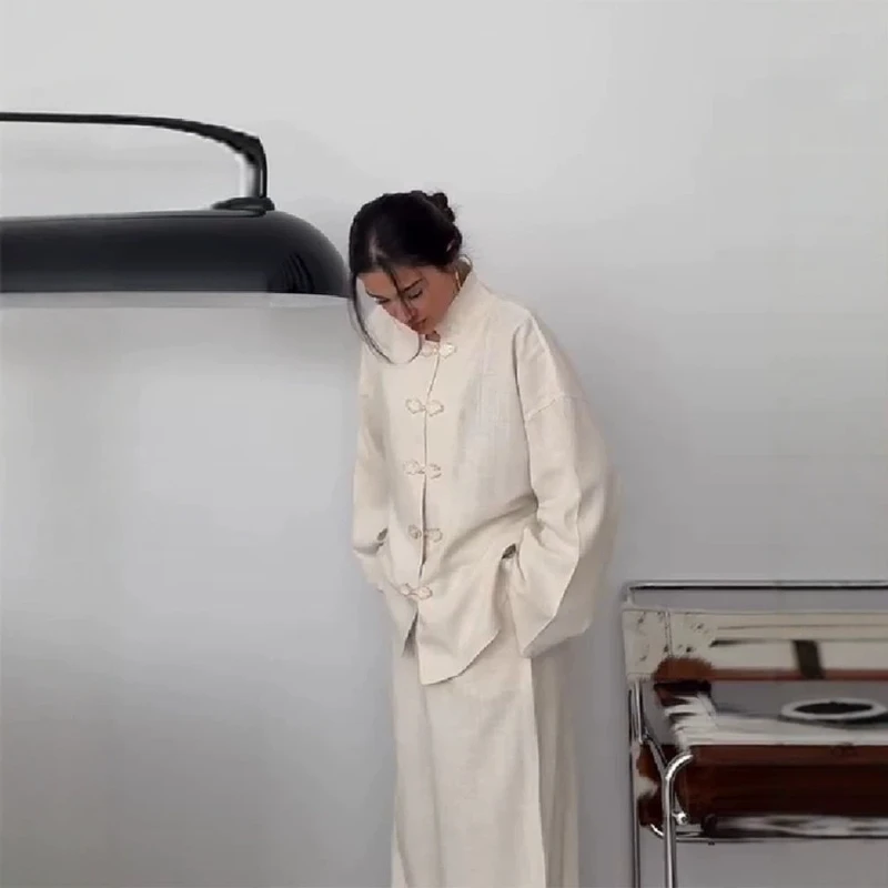 2026 Design Sense Niche Stand up Collar Button Cotton Linen Long Sleeved Cardigan and Straight Leg Wide Leg Pants