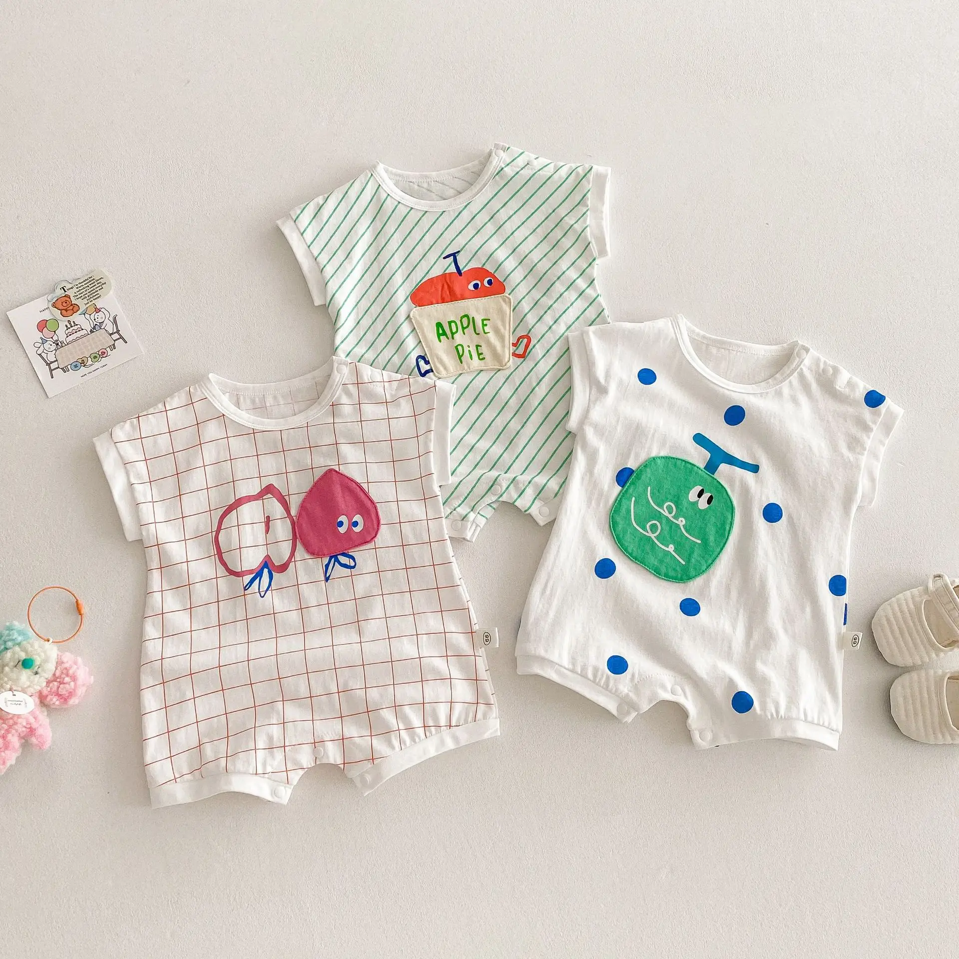 2025 New Cute Peach Print Romper Toddler Boys Girls Short Sleeve Cotton Stripe Jumpsuit Fashion Baby Outfits Clothes