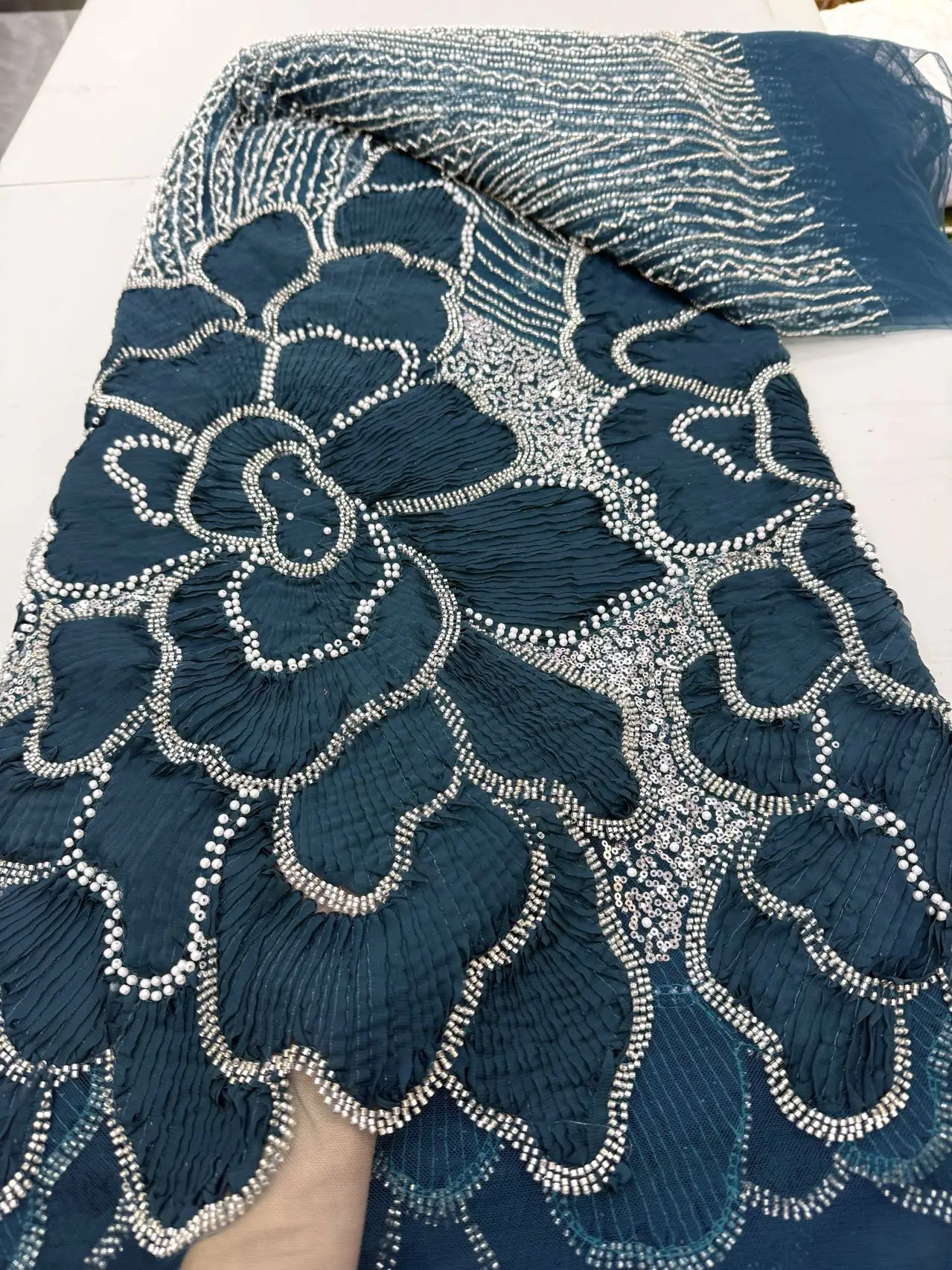 

Nigerian Sequins Tulle Lace Fabric High-Quality Embroidery African Net Cloth for Prom Dresses Beads 5 Yards 2025 JY489