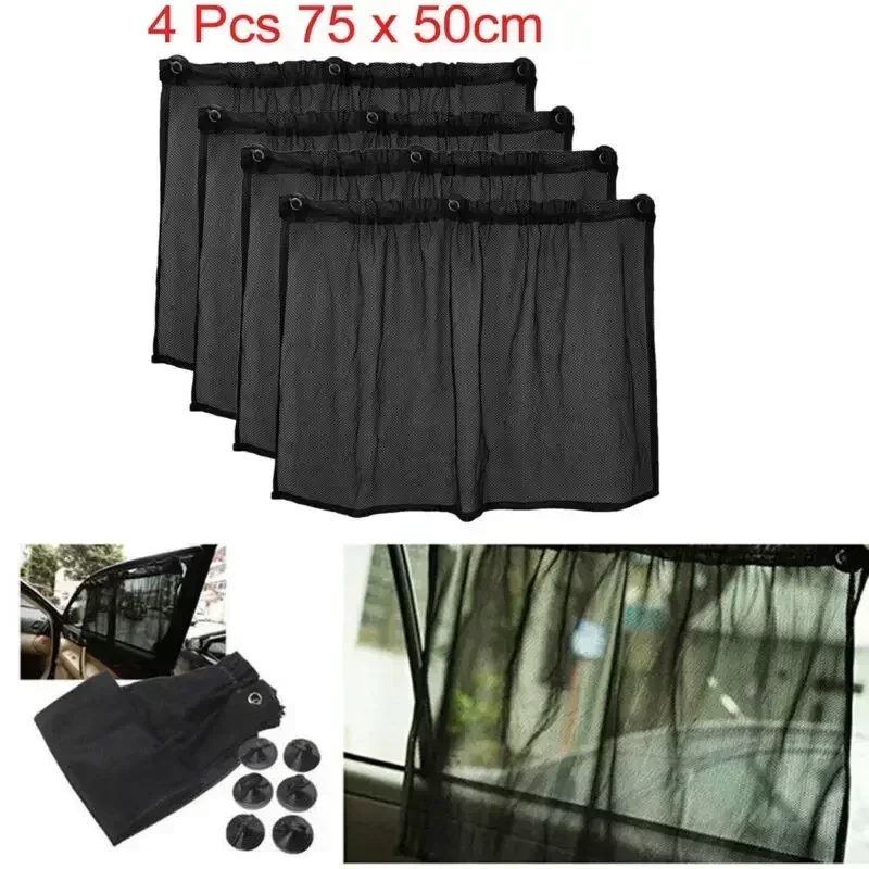 4pcs/set Car Side Window Side Curtain Folded Mesh Sun Shade Black Suction Cup 7 For Side Windows Windshields Rear Windows