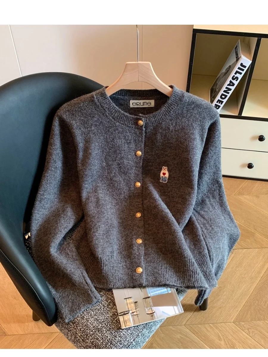Anti-Aging Bear Embroidery Sweater Cardigan Women's Autumn Winter Single Button round Ne Casual Long Sve Sweater Jaet