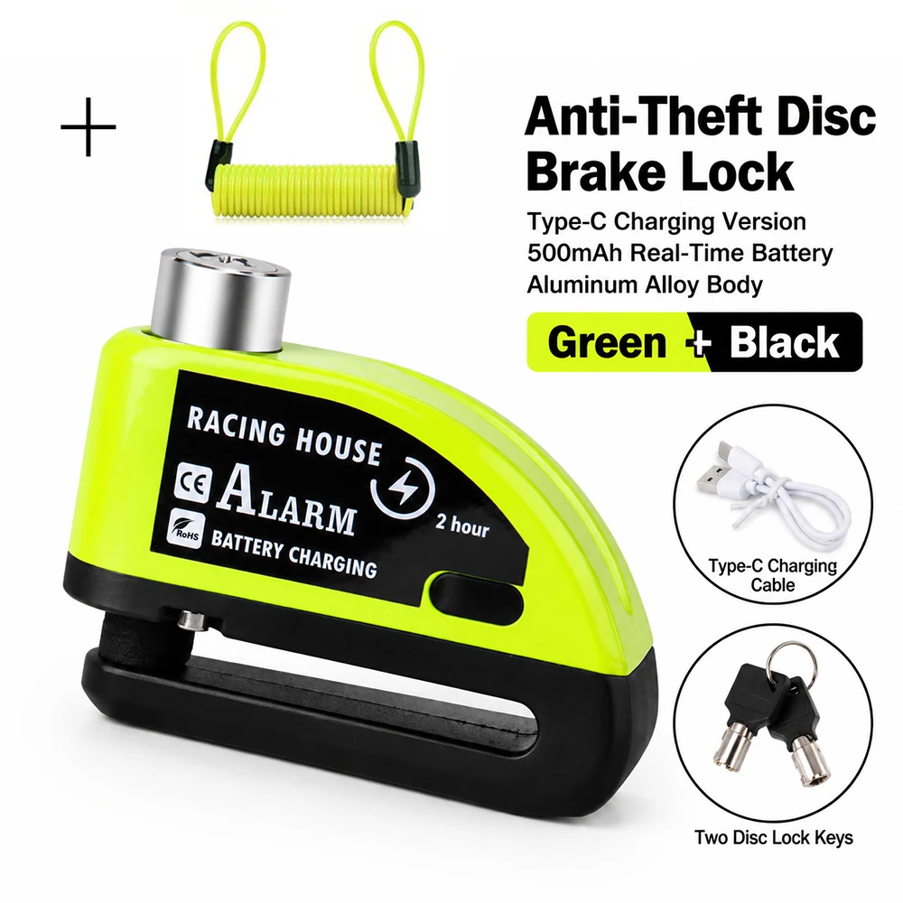 Disc Brake Lock 120db Anti-Theft with Reminder Cable and Carry Pouch High Security Disc Lock for Motorcycle Bike Moped Motocross