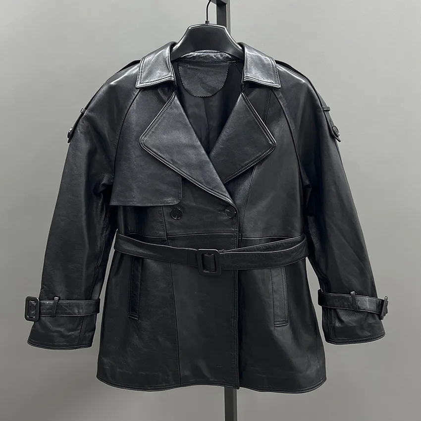 Women Genuine Leather Coat Office Ladies Windbreakers High Waist Retro Casual Oil Wax Sheepskin Medium Long Jacket JFB6-25005
