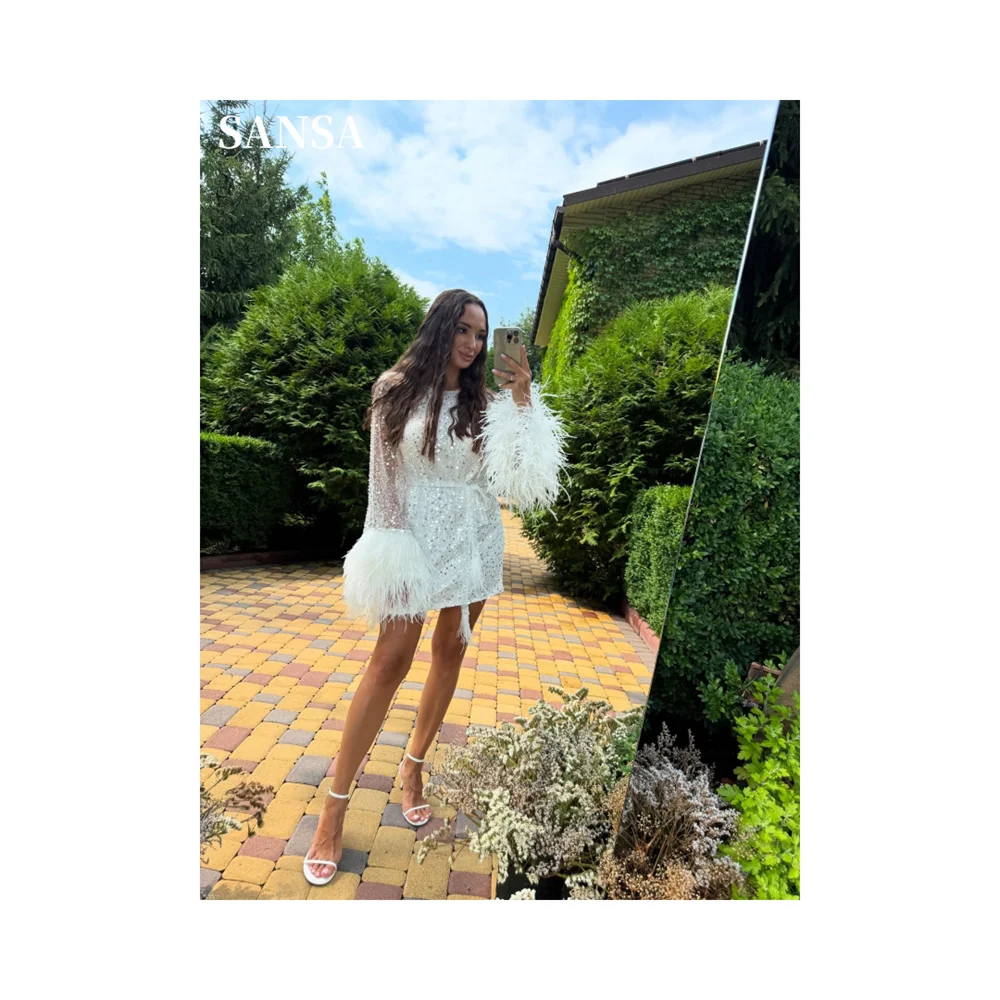 

Sansa платья для выпускного вечера с белыми перьями и манжетами по индивидуальному заказу, блестящие блестки на талии, Vestidos De Noche, короткие вечерние платья
