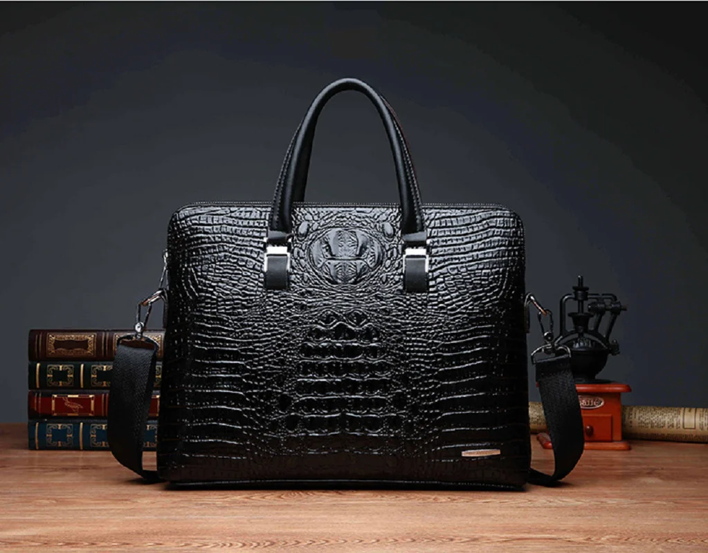 2026 New Men's Crocodile Pattern Business Leather Briefcase Totes Large Capacity Handbag Shoulder Bags Laptop Messenger Bag