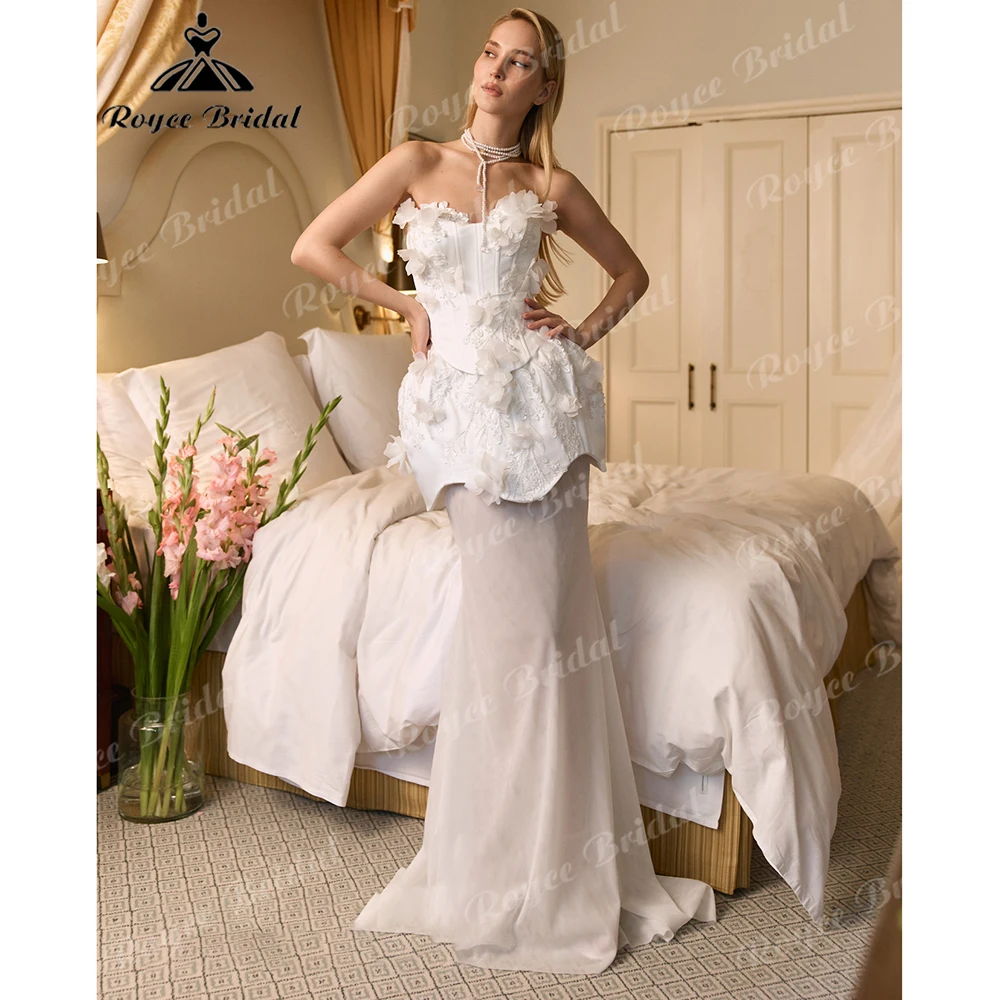 

Strapless 3D Floral Corset Mermaid Wedding Dress with Detachable Peplum Modern Bridal Gown with Sheer Tulle Skirt Customized