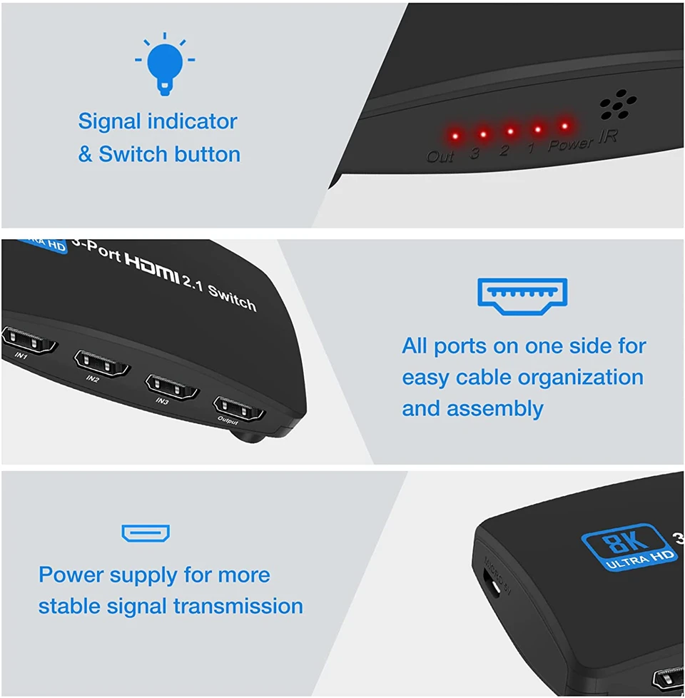 Navceker przełącznik HDMI kompatybilny z 2.1 3 w 1 out Ultra 48gbps 8K 60Hz 4K 120Hz przełącznik z pilotem do projektor HDTV
