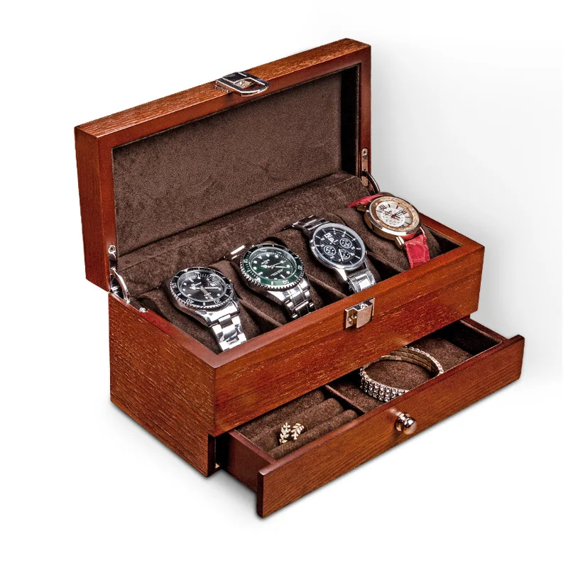 4 Slots Wooden Watch Box 2 layers Mens Jewelry Box Organizer Watch Holder Display Case with Drawer Multifunctional gift box