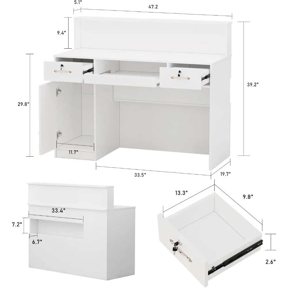 Reception Desk Front Counter Desk with Lights, Reception Counter for Sale, Lockable Drawers & Cabinet, for Clinic Salon White