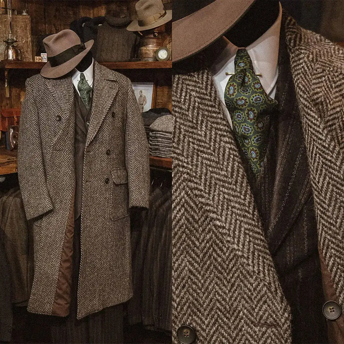 Classic Brown Grey Herringbone Tweed Double-Breasted Overcoat with Flap Pockets Men Autumn Vintage Long Coat Customized M-M10159
