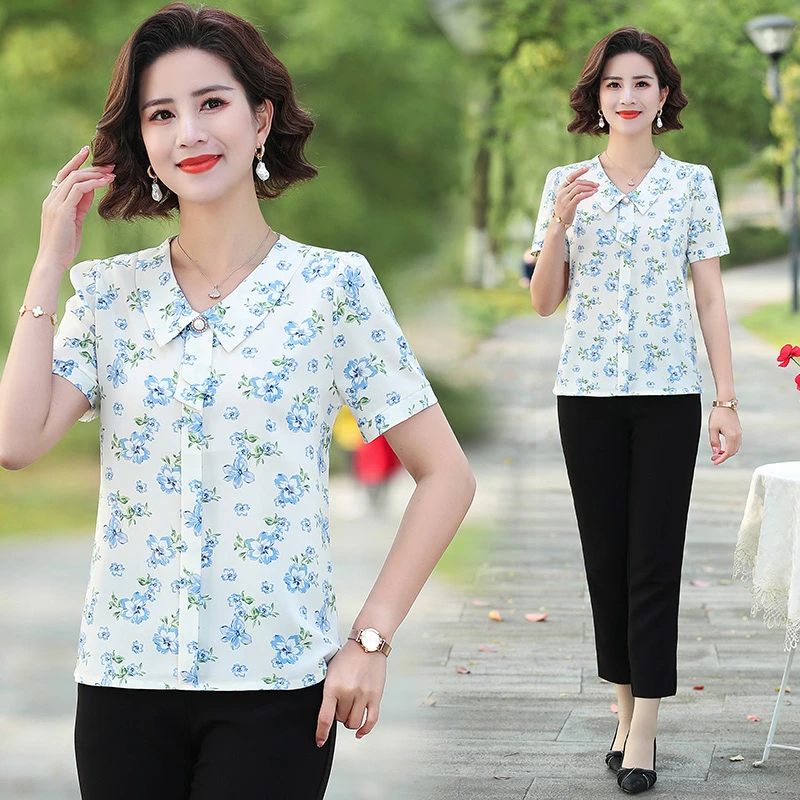 Middle-aged mother print Slim Shirt New Summer Lapel short sleeves Loose Blouse Female 5XL Top