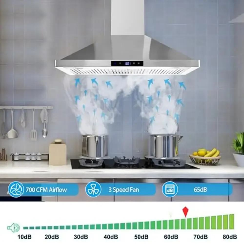 36-inch Stainless Steel Wall Mount Range Hood 700CFM Ducted/Ductless Touch Control Permanent Filters Light Timer Dishwasher Safe