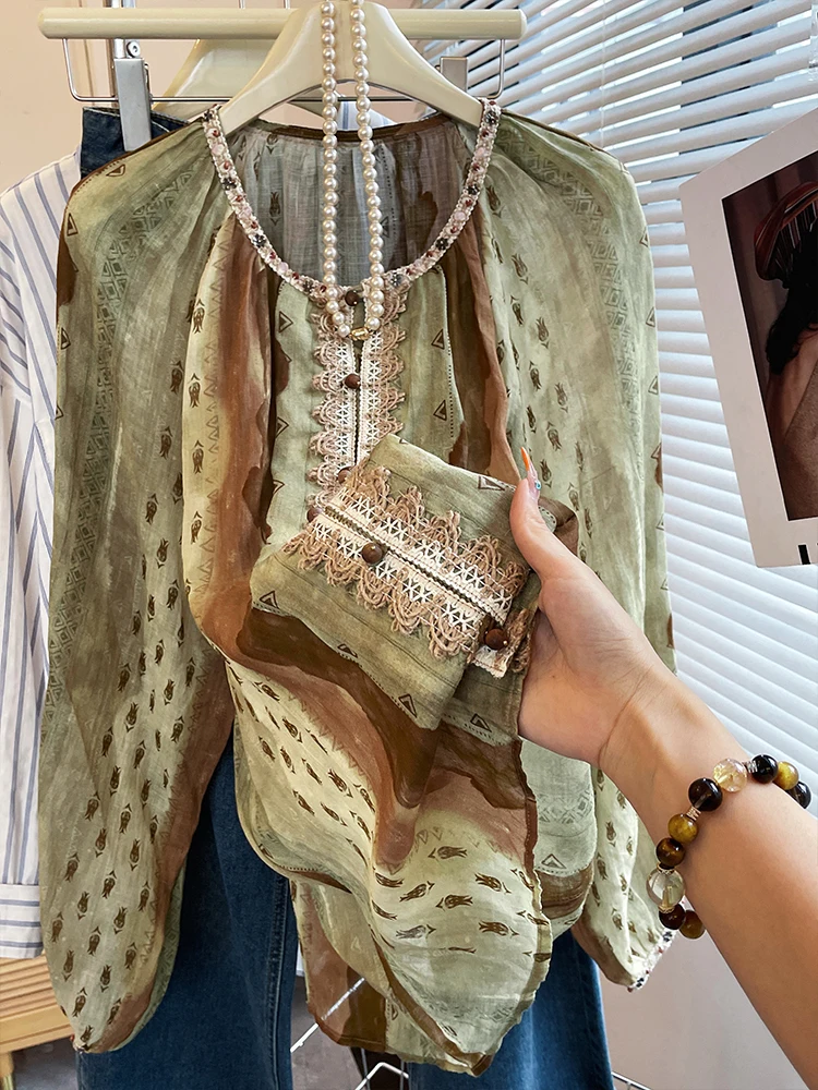 

Retro Ethnic Loose Long Sve irt ex Autumn Small Design Sensation Lazy Versatile Sun Protection Top Casual Sle Printed