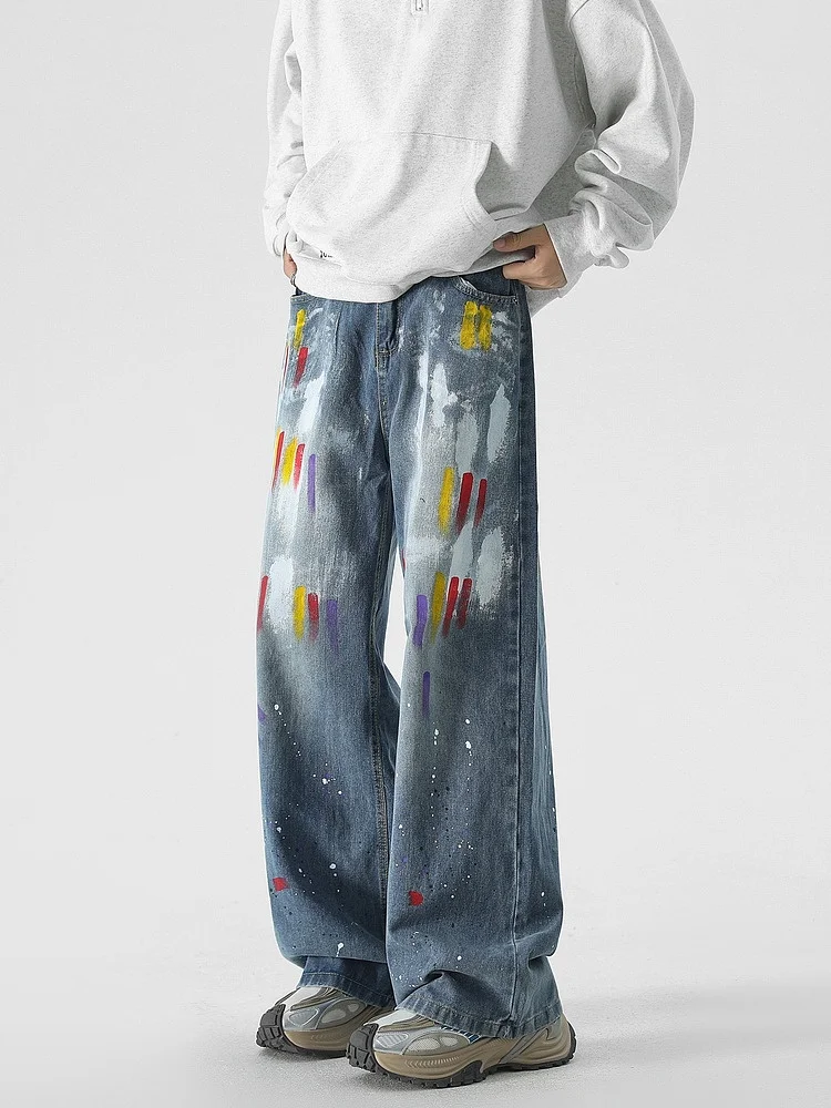 

Loose Straight Leg Men's Jeans fiti Splaed Ink Casual Streetwear Wide Leg Pants Youthful Trendy Long Trousers