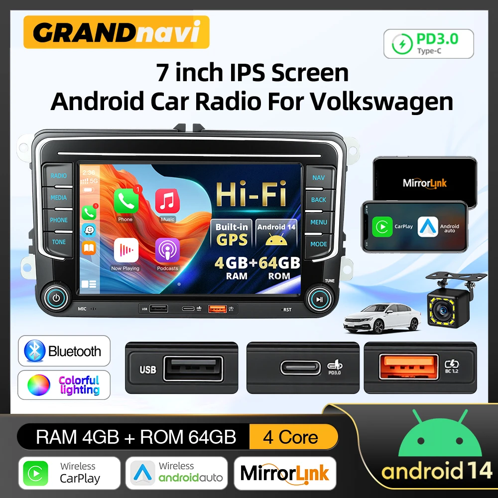 Rádio de Carro Android 14 de 7 Polegadas com Carplay para VW Volkswagen Jetta Passat Golf Polo, Estéreo de Carro com GPS WIFI FM RDS EQ e Carregamento Dual USB PD3.0
