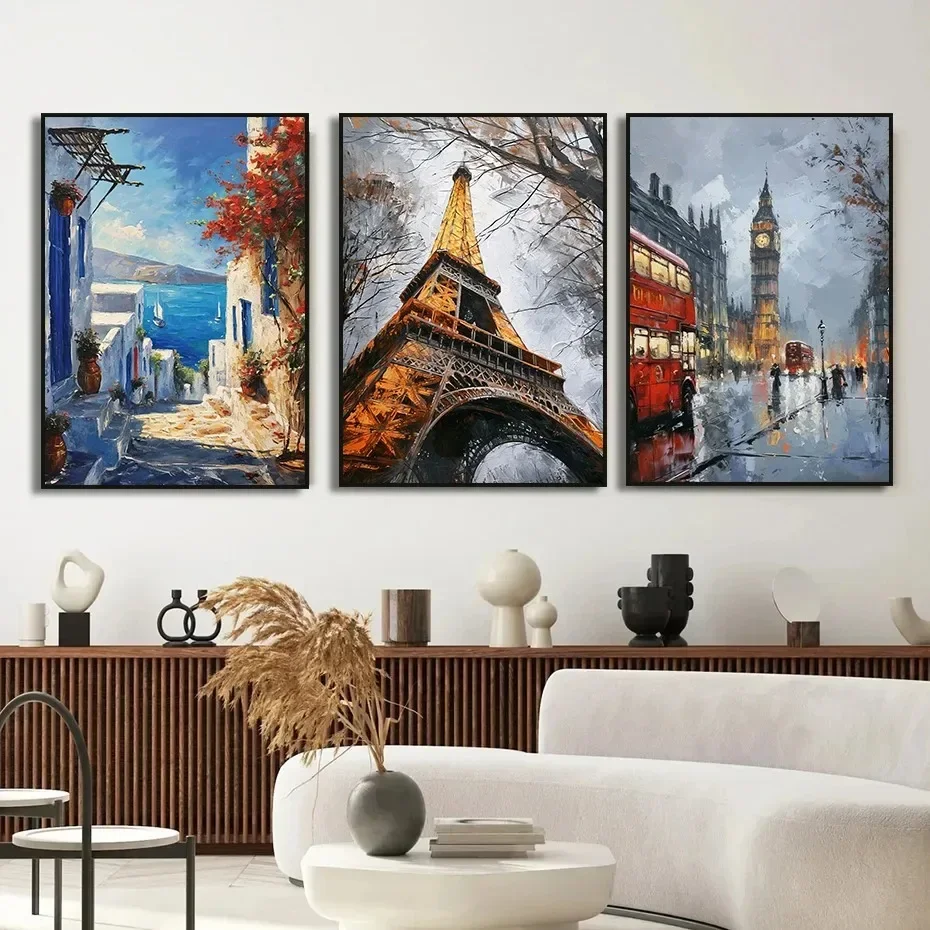لندن حافلة مصر باريس برج إلفير سيتي سكيب سانتوريني السفر قماش طباعة جدار صورة فنية ديكور غرفة المعيشة الجمالية