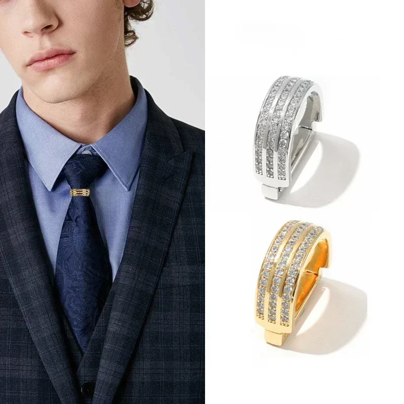 Fashion Men's D-shaped Tie Clips Formal Luxury Zircon Micro Inlaid  Buckle Fixing Ring Wedding Business Clothing Accessories