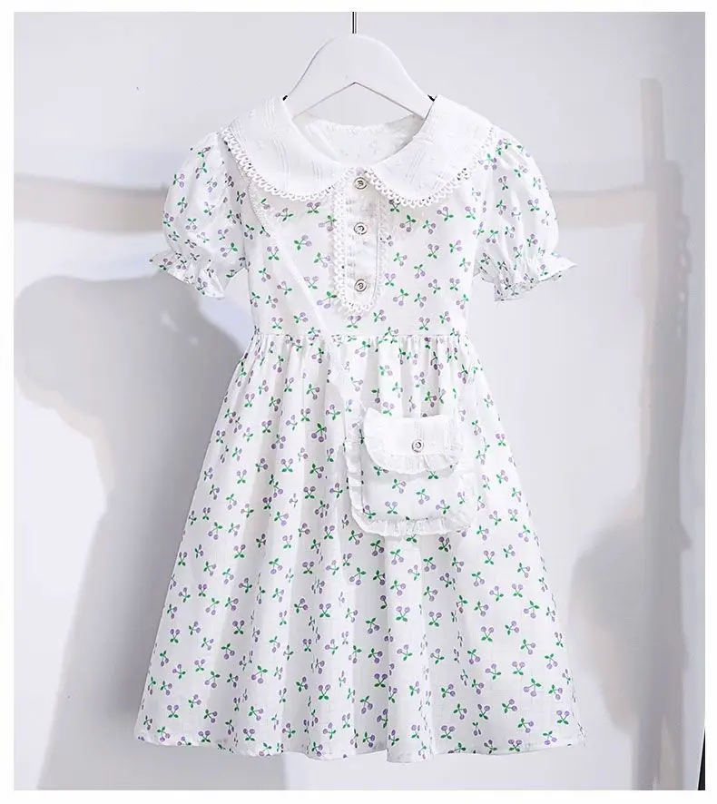 

2024 new spring summer Kids Girls Princess Teenager Floral chiffon white fruit print Dresses Clothing 4 6 7 8 9 10 12 14 Years