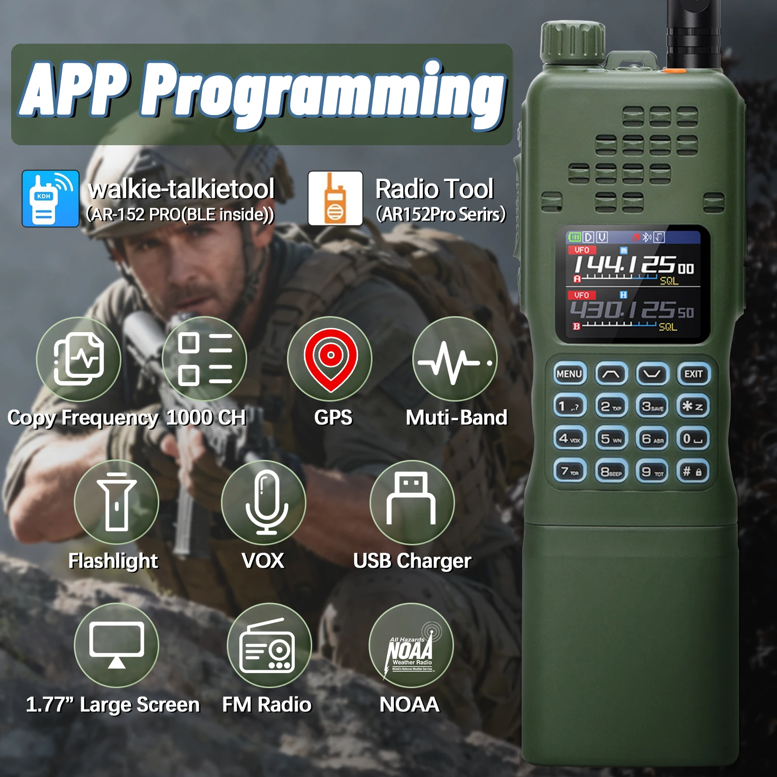 BAOFENG AR-152 PRO GPS Multi Band Walkie Talkie Bluetooth Phone Programming 1000CH 12000mAh Tri-power DTMF Long Range Ham Radio