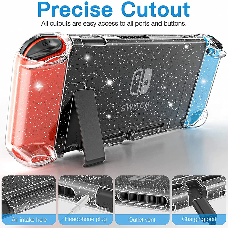 Capa dura com glitter transparente, capa transparente de cristal brilhante para nintendo switch oled ns joy-con controlador protetor de aperto de mão