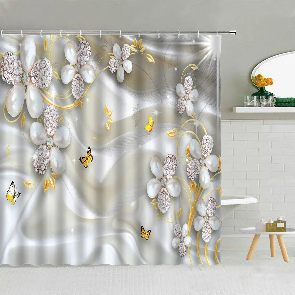 Pearl Diamond Flower Shower Curtain Luxury Jewelry Print Bathroom Decoration Women Waterproof Fabric Bathtub Screen with Hooks