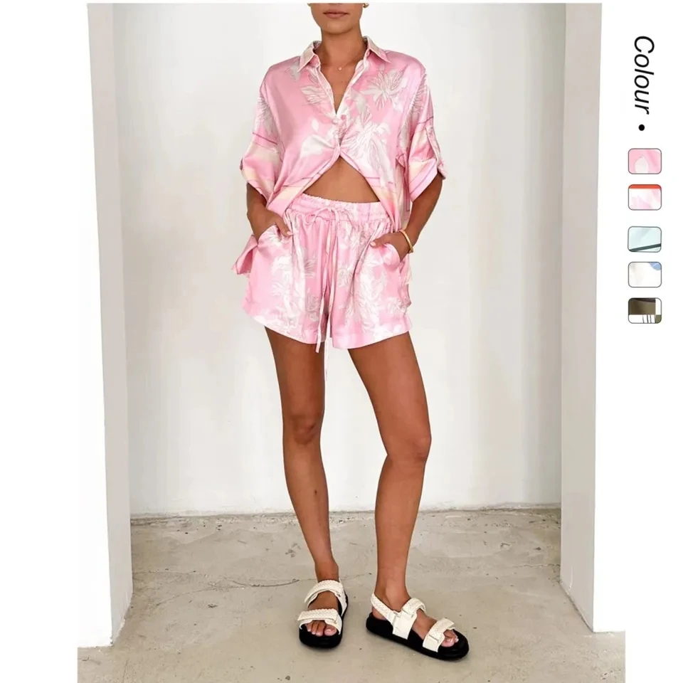 

Fashion Printed Shirt Shorts Women's 2-piece Set Summer Casual Loose Short-sleeved Tops Vacation Elegant Female Beach Shorts Set