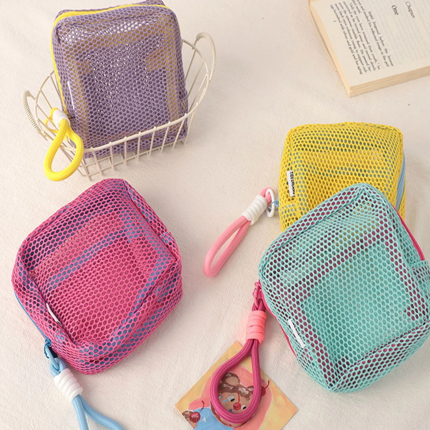 Mesh Square Cosmetic Bag Women Portable Earphones Lipstick Sanitary Napkins Storage Pouch Small Makeup Zipper Bags