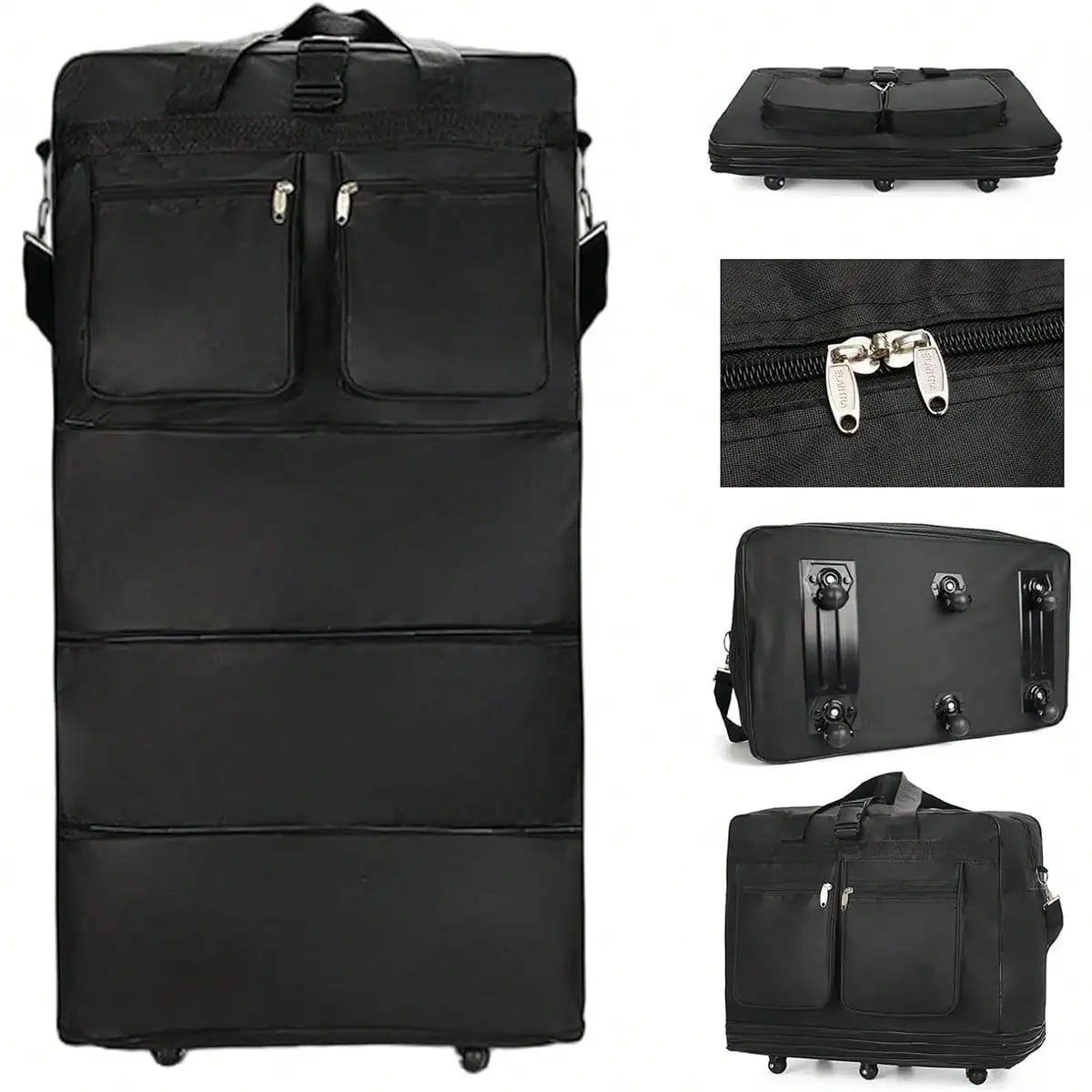 Black Rolling Travel Duffel Bag With Wheels, Expandable & Foldable Collapsible Luggage Bag, Large Capacity Carry On Suitcase, Portable Wheeled Duffle for Men Women, Ideal for Weekend Getaways, Airline Travel, Short Trips and Overnight Vacations