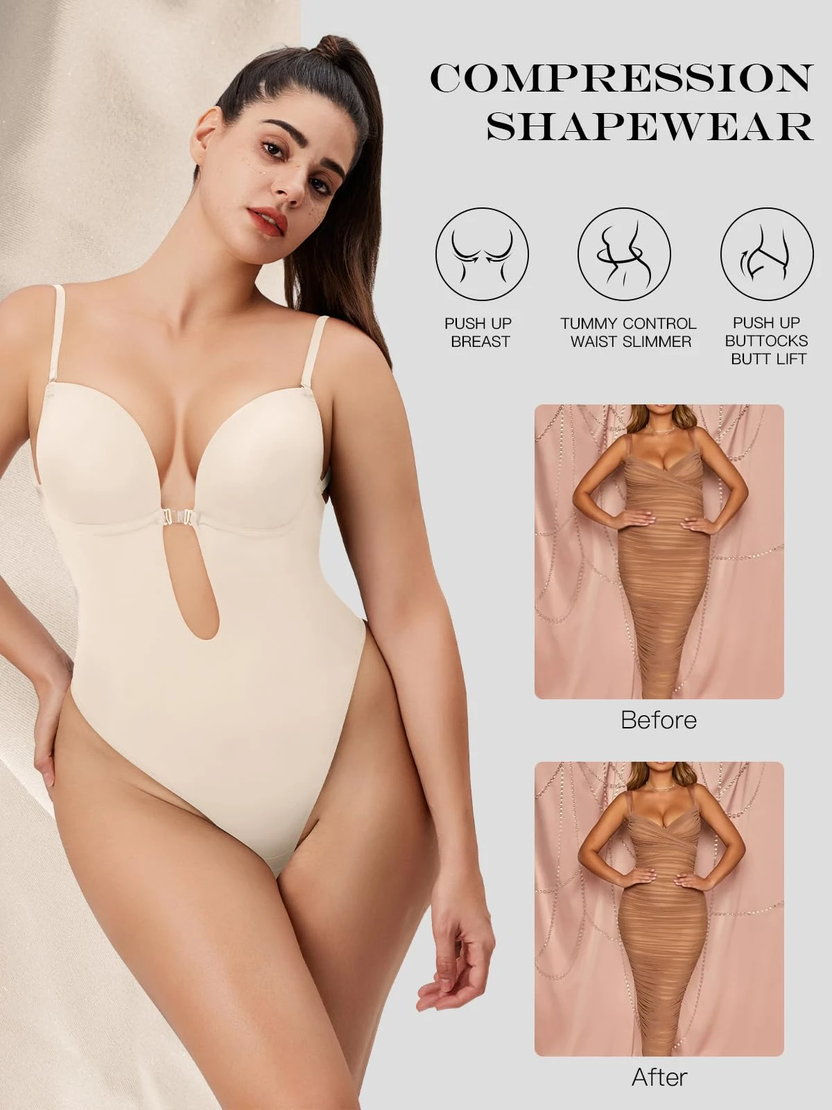 Bodysuit Compression Bra Bust Shaping Push-Up Invisible Straps Backless Shaping Body Shape Bra, Invisible Straps Tummy Control Waist Cincher Backless Bra Shaping Bodysuit