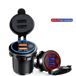12V/24V USB Fast Charger Socket Quick Charge 3.0 Car Charger Dual USB Socket Car Charger Touch Switch Electronic Lighter