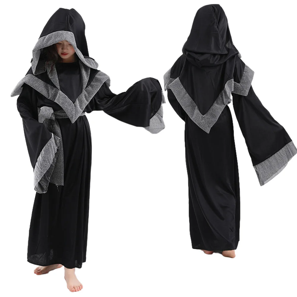 Disfraz de bruja negra para niña, capa de hechicera Medieval, oscura, mística, oscura, bata de hechicero, disfraz de Halloween para niños, juego de rol