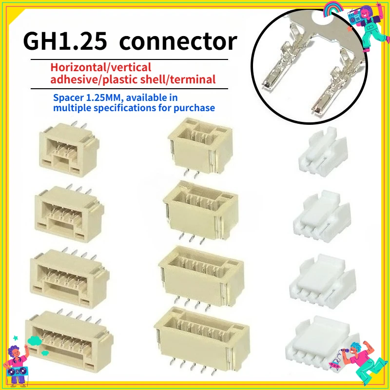 100PCS   GH1.25 Locking Connector with Buckle  2 3 4 5 6 8p Horizontal/vertical Mounting  Rubber Shell  Terminal
