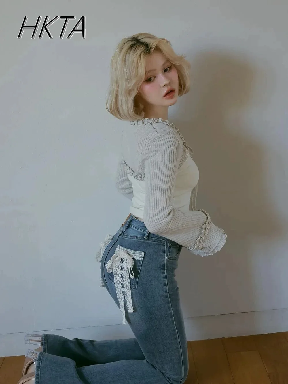 2023 frühling Sommer Japanische Nische Spitze Bogen Hohe Taille Jeans Frauen Blau Ausgestelltes Denim Hosen Vielseitige Elastische Lange Hosen Mädchen