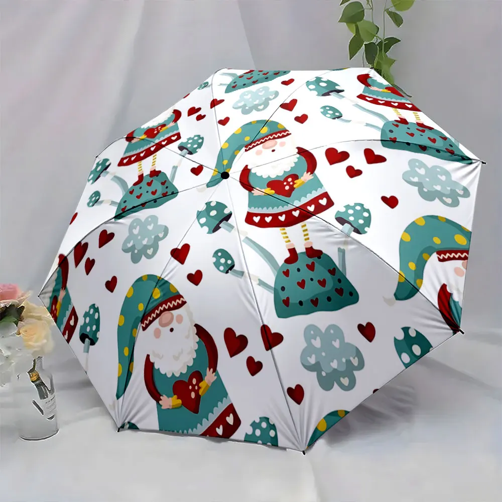 1PC Gnome-Themed Umbrella with Heart and Mushroom Design Print 8 Iron Ribs Folding Umbrella Auto-Open Fashion Sunshade