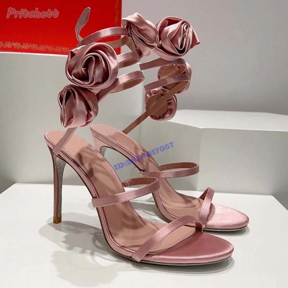 White Roses Satin Ankle Strap Sandals Round Open Toe Thin High Heels Women Stilettos 2024 New Summer Shoes Luxury Dress Party