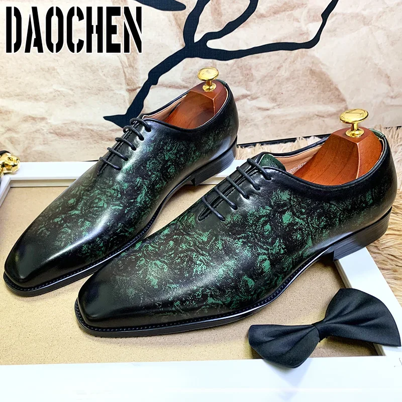 Luxury Brand Men's Oxford Shoes Lace up Pointed Toe Casual Mens Dress Shoes Green Wedding Office Real Leather Shoes Men