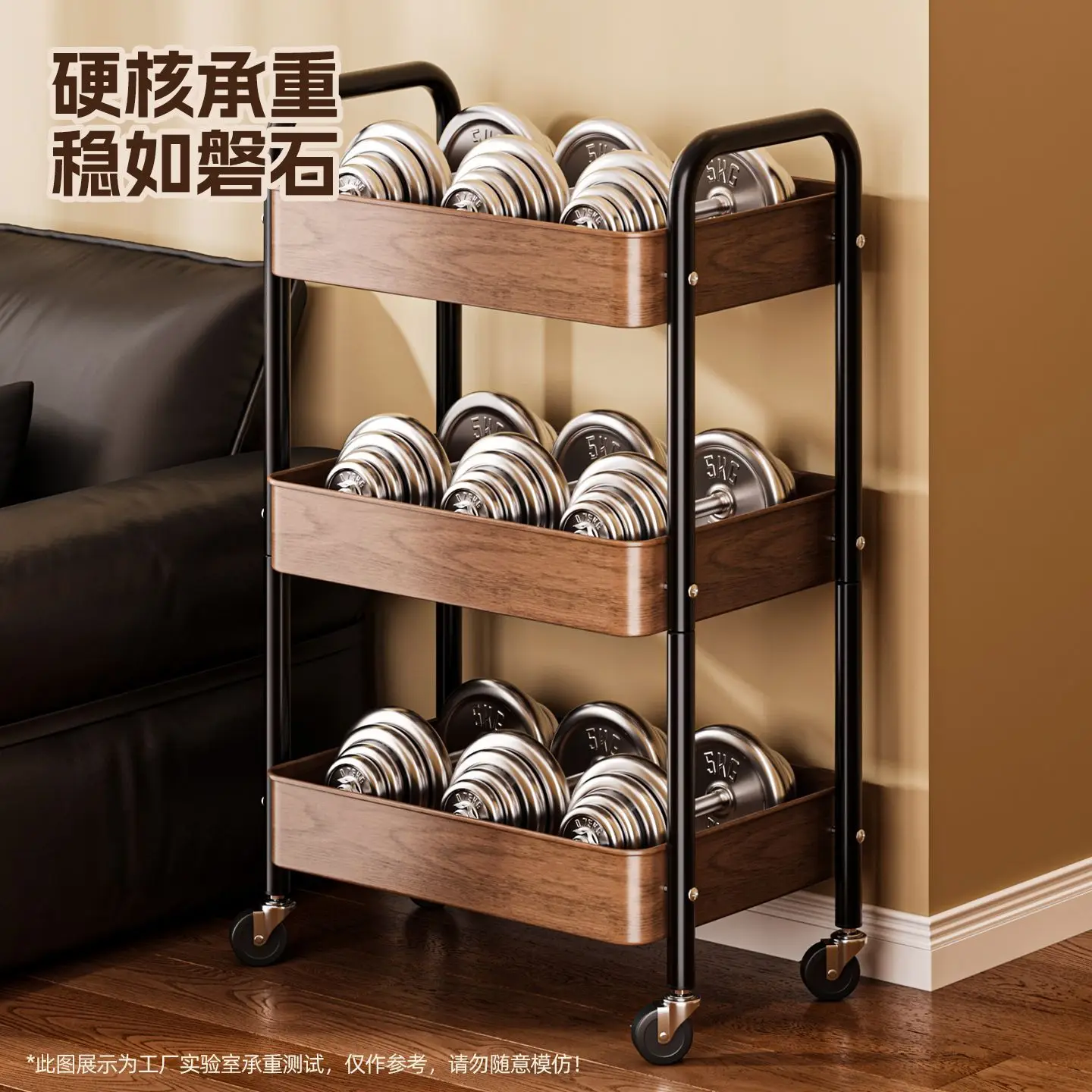 3 Tier Rolling Kitchen Storage Cart, Walnut Wood Grain Trolley With Wheels, Black Metal Frame Utility Organizer For Home Kitchen