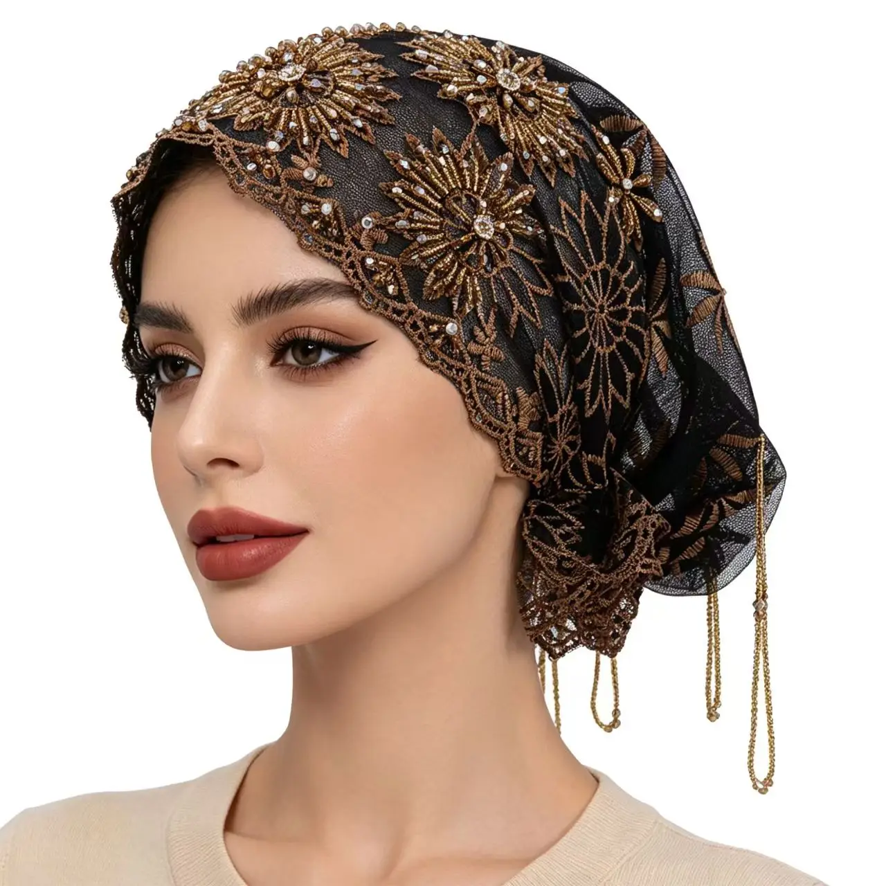 Women's Hijab Hats Muslim Elegant Bead Tassel Africa Hat Diamond Soft Fabric Easy Wear Indoor Outdoor Working Khaki Black Caps