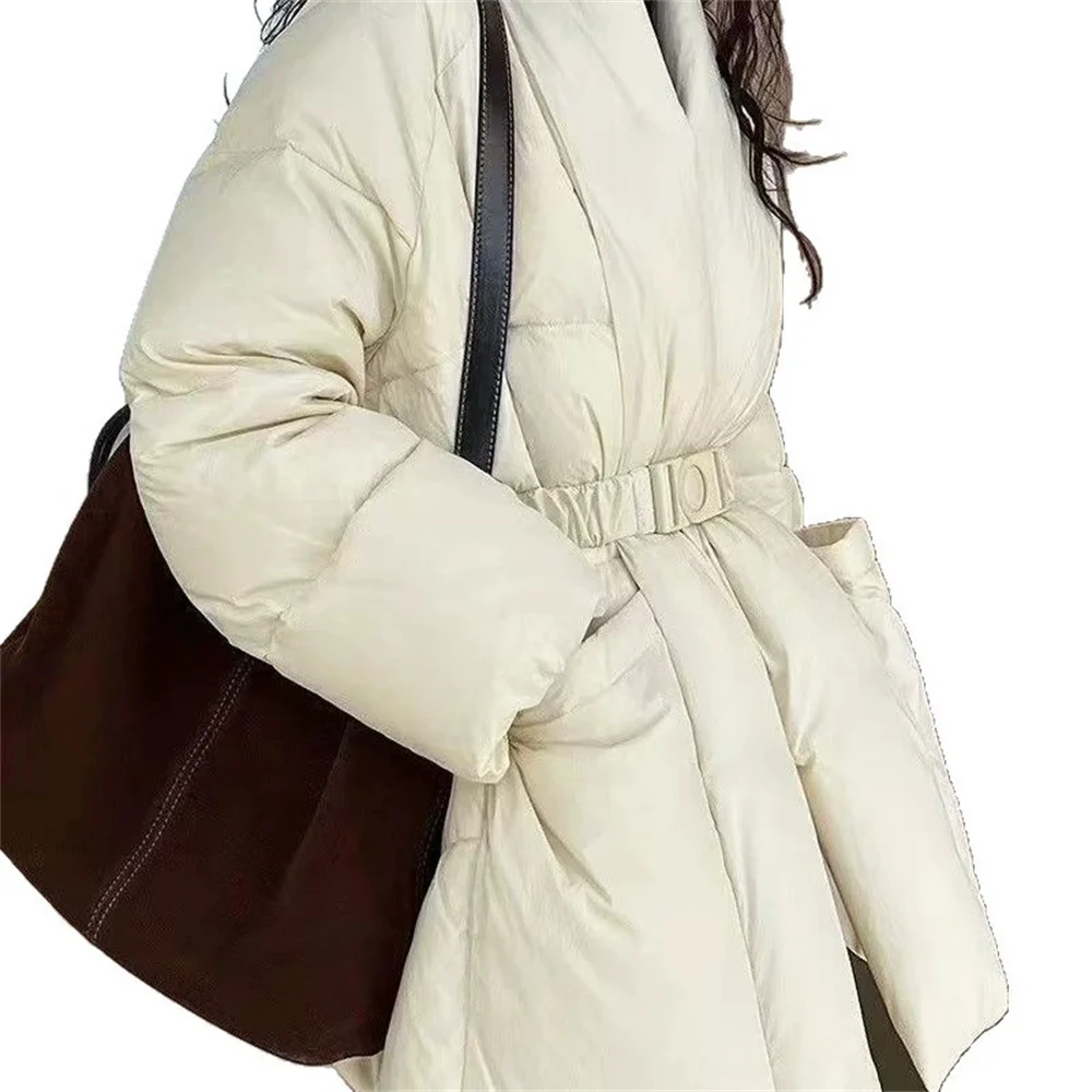 Preto para baixo roupas de algodão feminino med e longo inverno nova versão coreana rendas cintura jaqueta grossa para manter quente com decote em v parkas