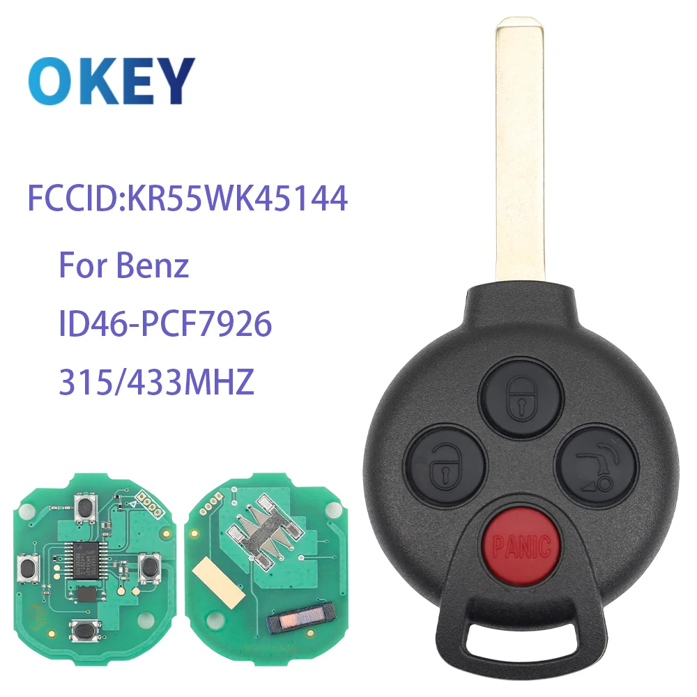 

Okey Remote Car Key 315/433Mhz ID46 PCF7941Chip For Mercedes-Benz Fortwo 451 2007-2013 Fob FCC ID KR55WK45144 Smart Key