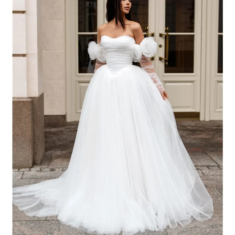 

2026 New Beach Wedding Dress Off The Shoulder Long Sleeves Hand Made Flowers Tulle Bridal Gowns Vestido de Novia Robe De Mairee