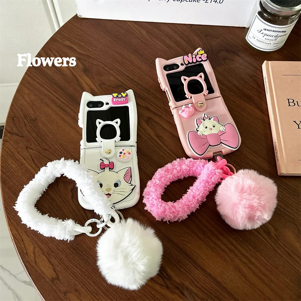 Cartoon Hot Disneies Marie 3D Cat Ear With Plush Lanyard Phone Case for Samsung Galaxy Z Flip 3 4 5 6 5G PC Hard Back Cover Gift