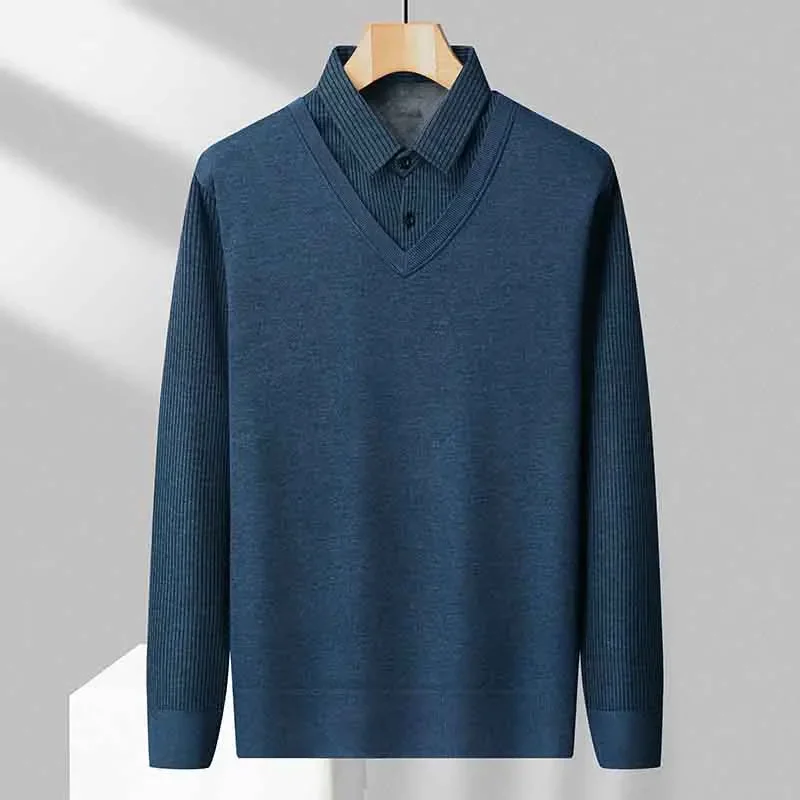 Mens Casual Fake Two Piece V Neck Knit Pullovers Vertical Striped Shirt Collar Rib Sleeves Plush Thermal Lining Skin Knit Shirts