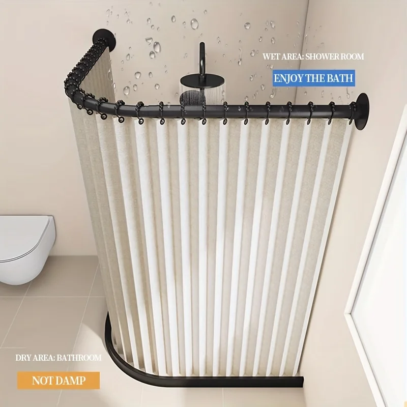Fashionable Folding Shower Curtain Set with U-Shape Rod Support Home Decor Storage Convenient Shower Partition